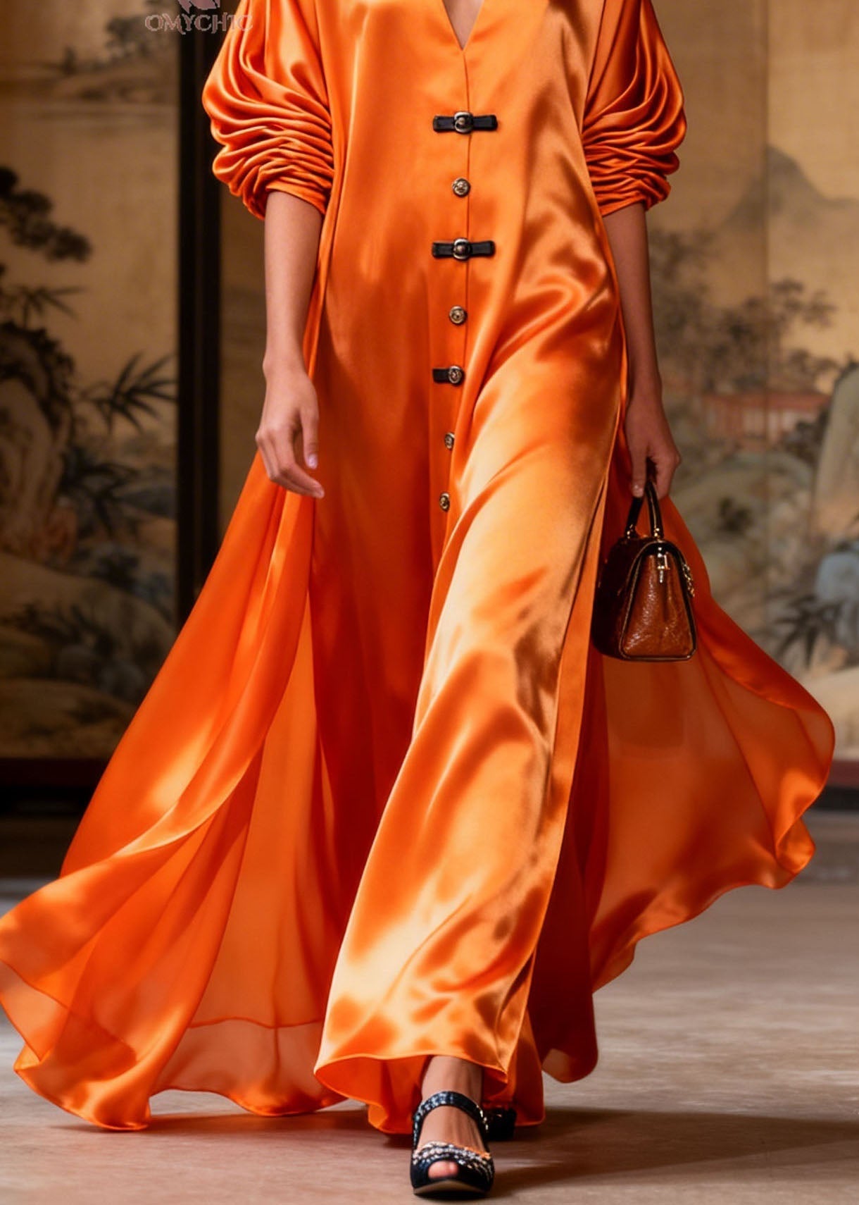 Women Orange V Neck Patchwork Silk Long Dresses Summer