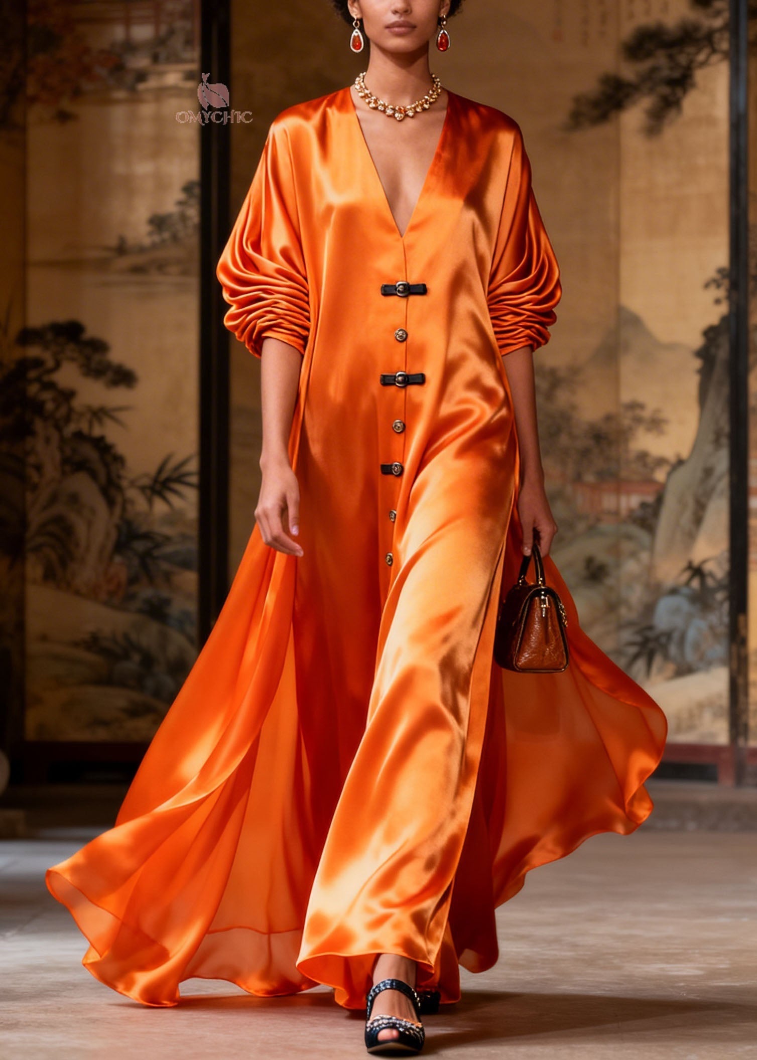 Women Orange V Neck Patchwork Silk Long Dresses Summer