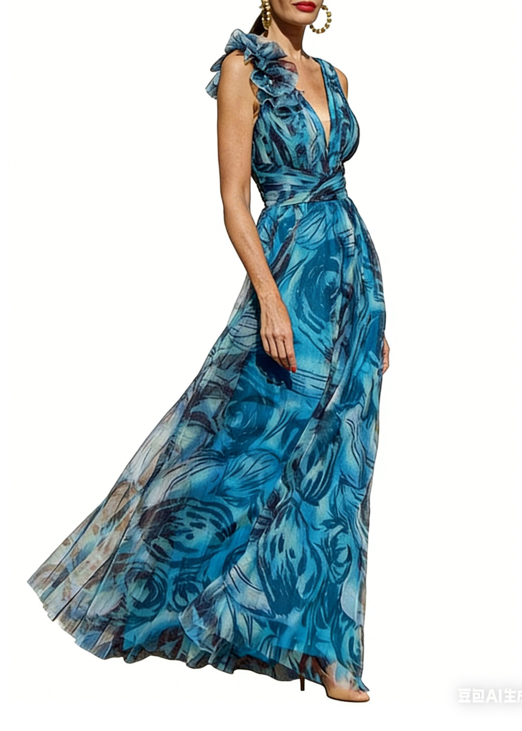 Women Peacock Blue O Neck Print Chiffon Holiday Dress Summer