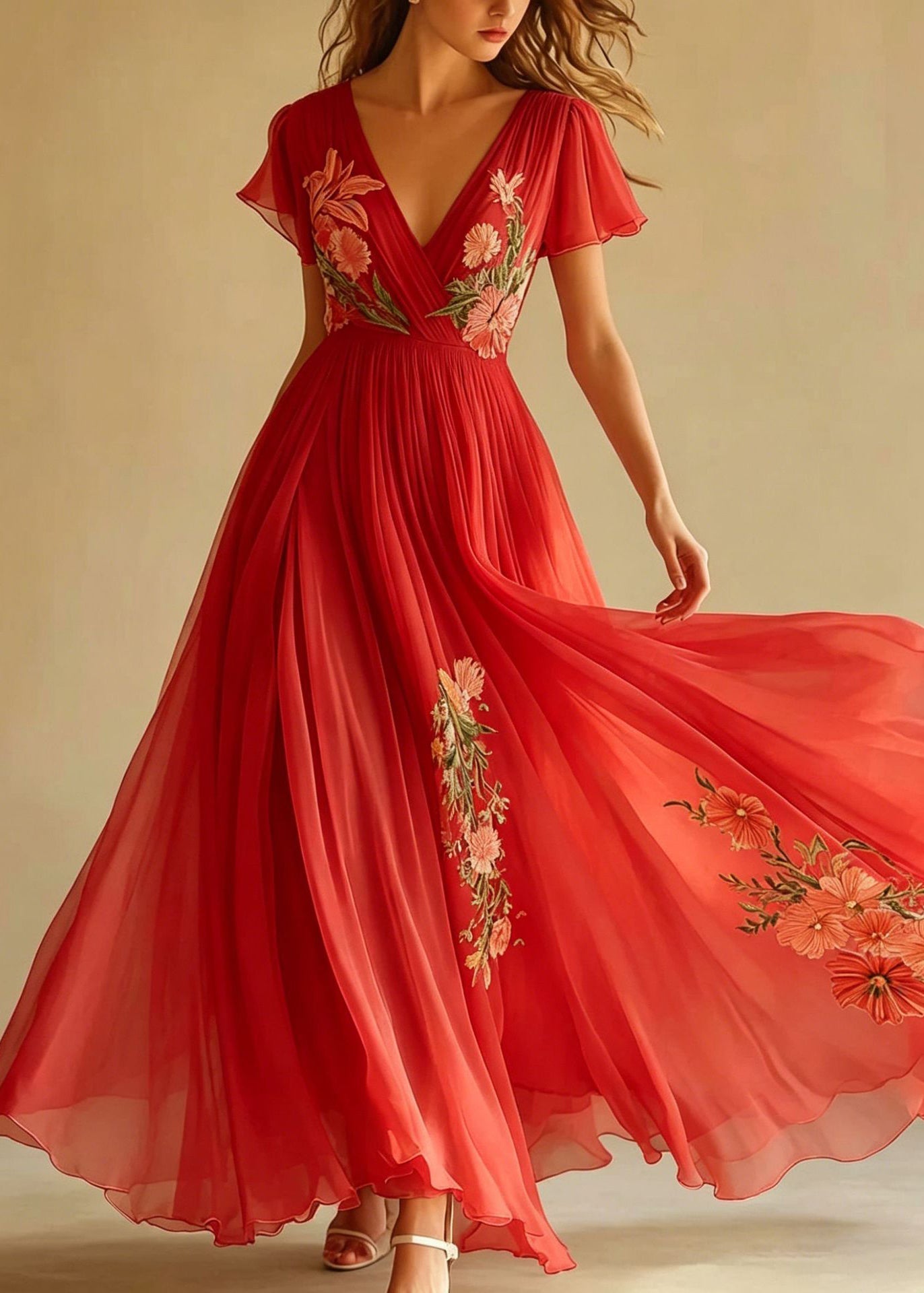 Women Pink V Neck Print Wrinkled Chiffon Long Dresses Summer