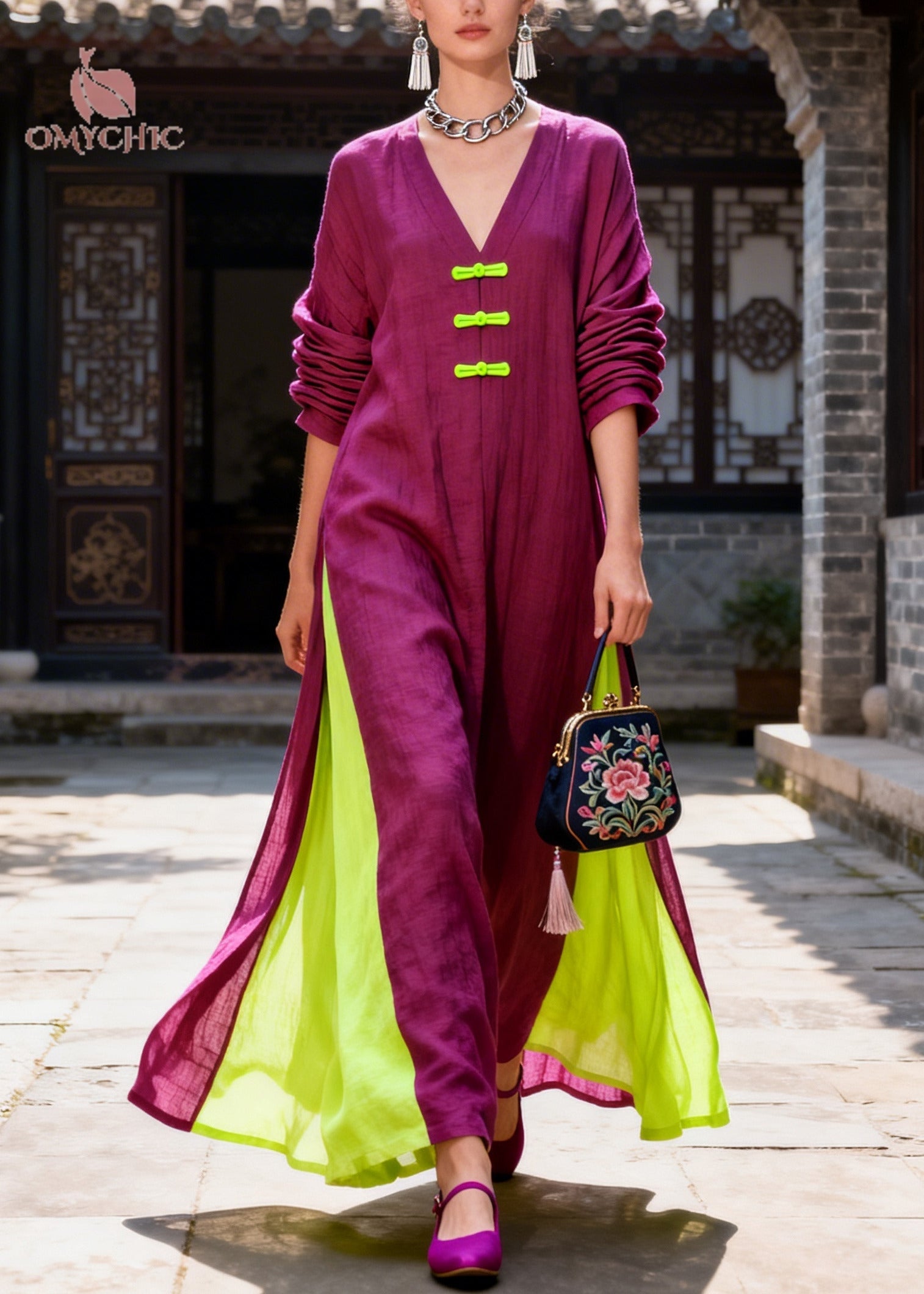 Women Purple Oversized Patchwork Chinese Button Cotton Maxi Dresses