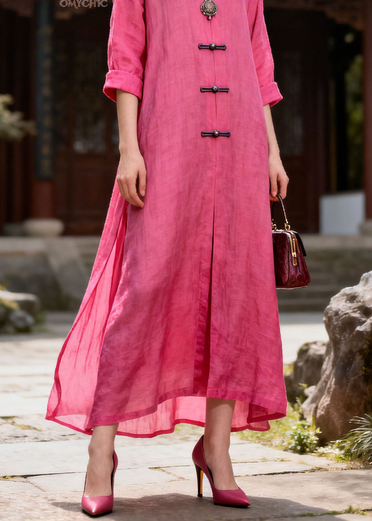 Women Rose Peter Pan Collar Patchwork Chinese Button Cotton Dresses Summer