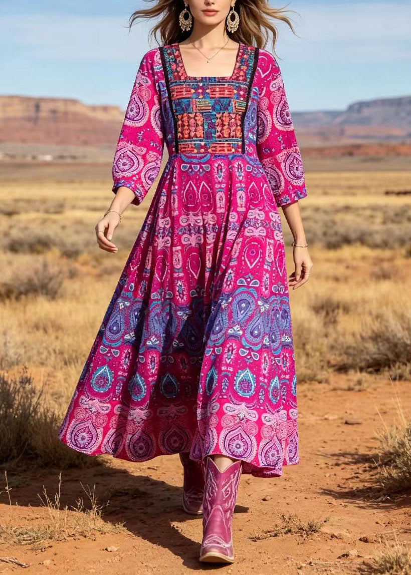 Women Rose Square Collar Print Cotton Long Dresses Summer