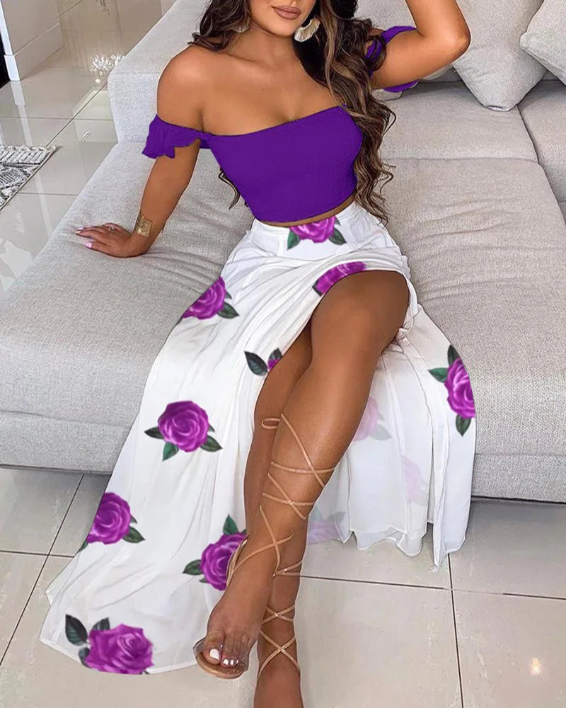 DressBetty - Summer Floral Print Elegant  Off Shoulder Split Long Maxi Skirt