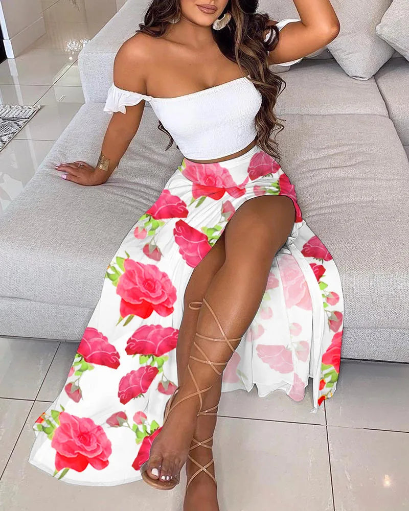 DressBetty - Summer Floral Print Elegant  Off Shoulder Split Long Maxi Skirt