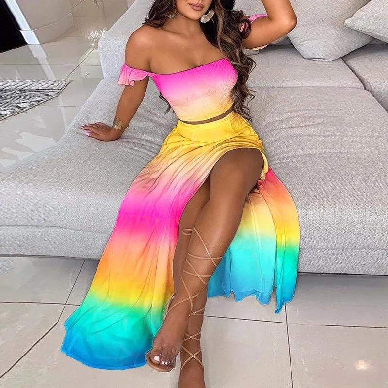 DressBetty - Summer Floral Print Elegant  Off Shoulder Split Long Maxi Skirt