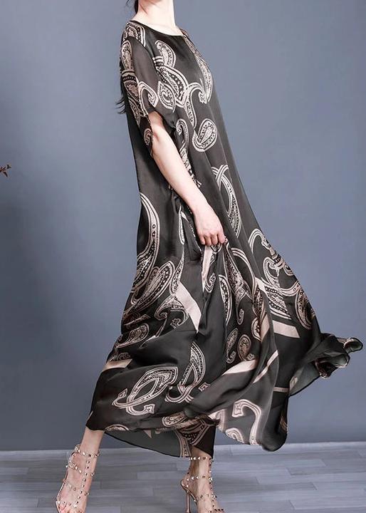 Women Tea Green Print Loose Silk Dress Summer