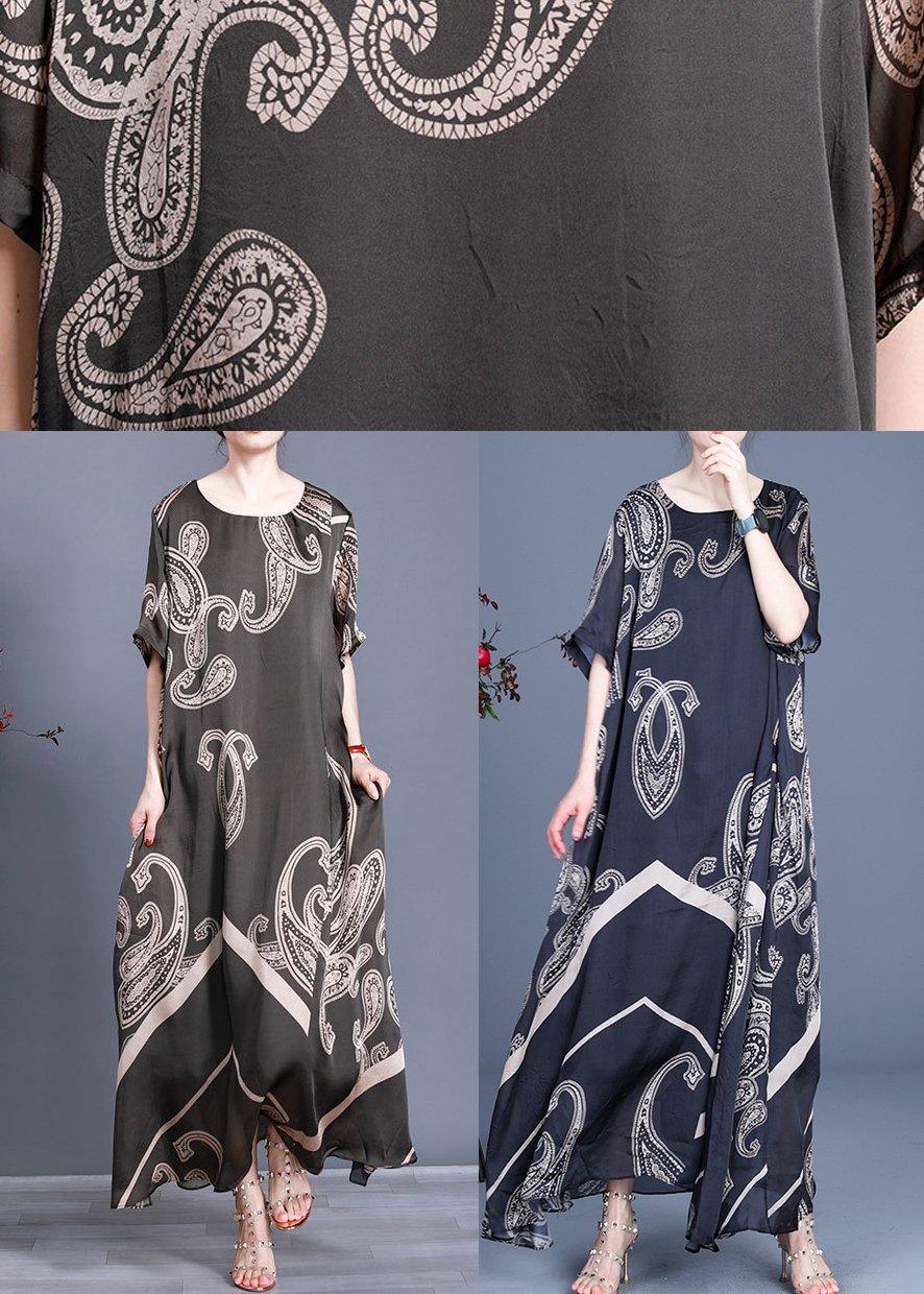 Women Tea Green Print Loose Silk Dress Summer