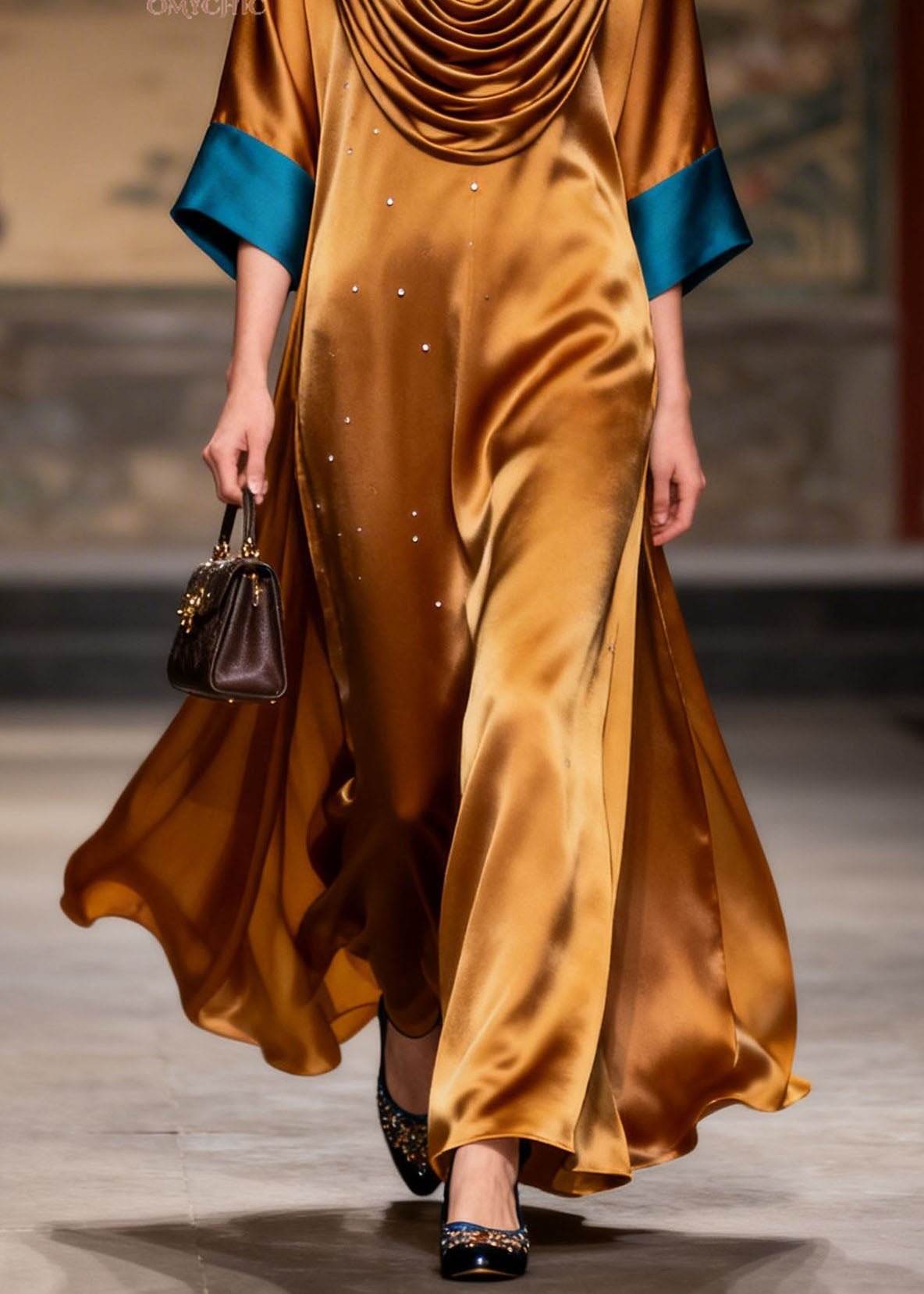 Women Turtle Neck Patchwork Silk Long Dress Summer