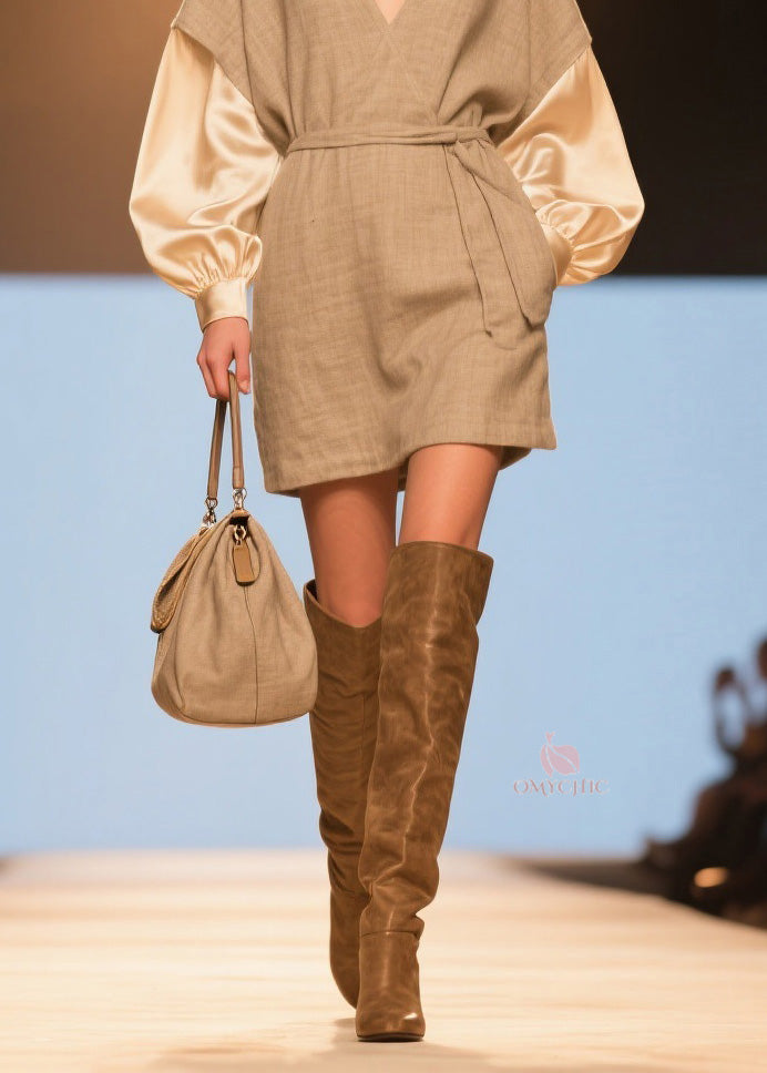 Women V Neck Patchwork Linen Silk Mid Dresses Spring