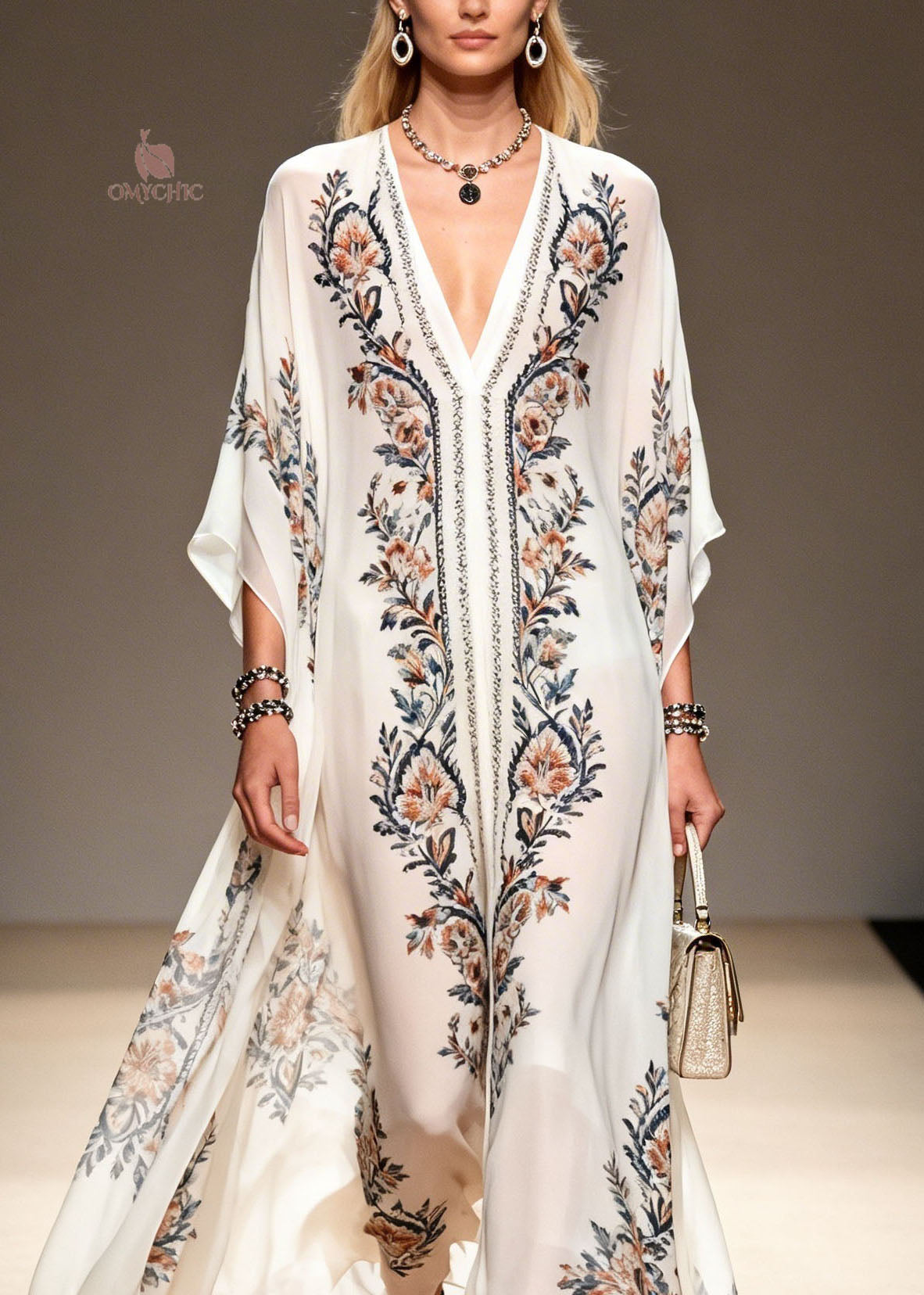 Women V Neck Print Plus Size Chiffon Dress Summer