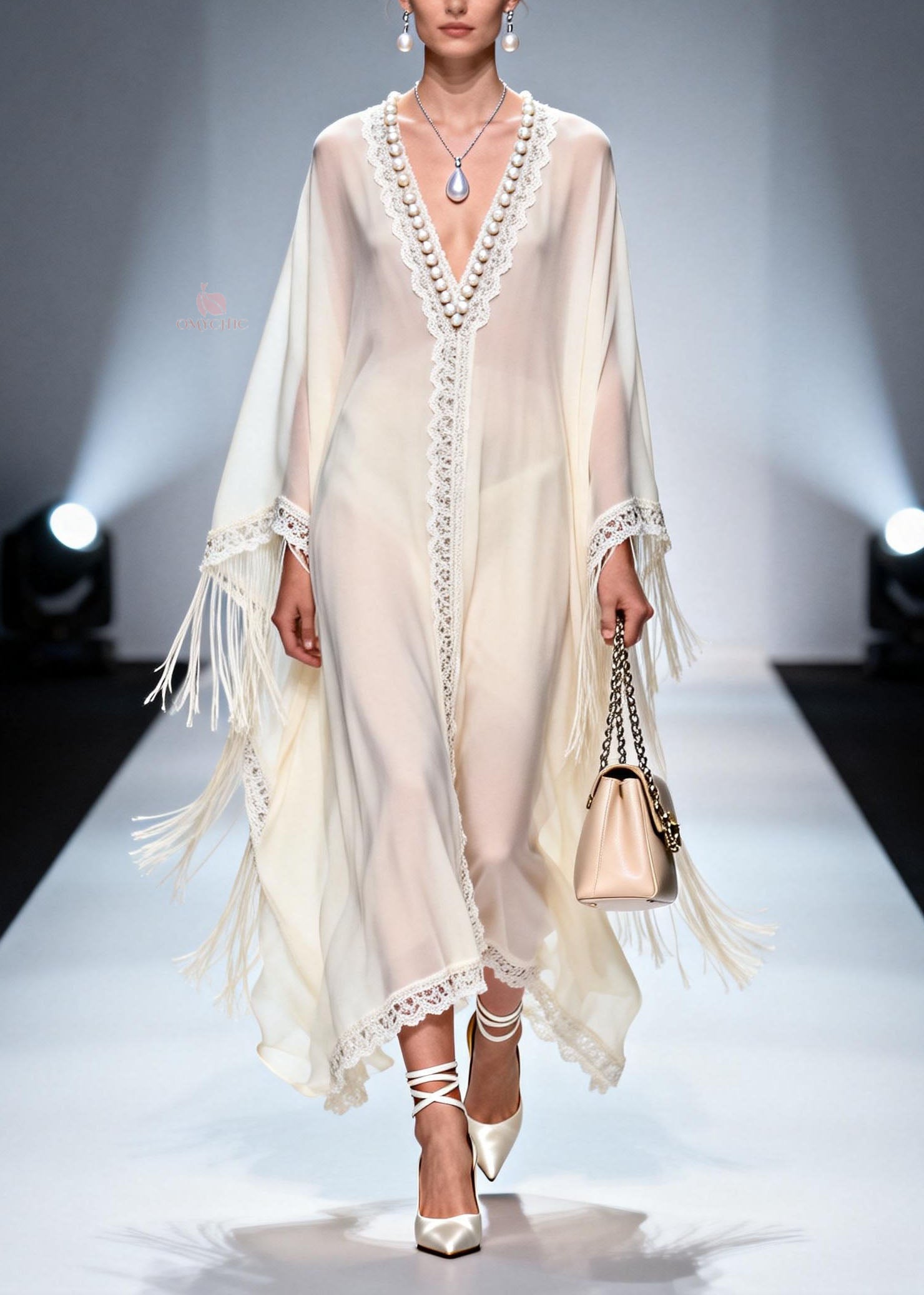 Women V Neck Tassel Nail Bead Patchwork Chiffon Dress Summer