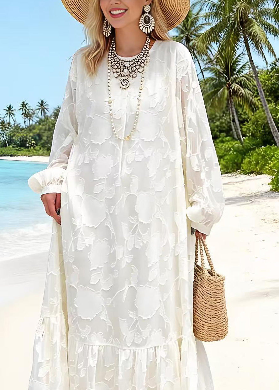 Women White O Neck Embroidered Lace Dresses Spring