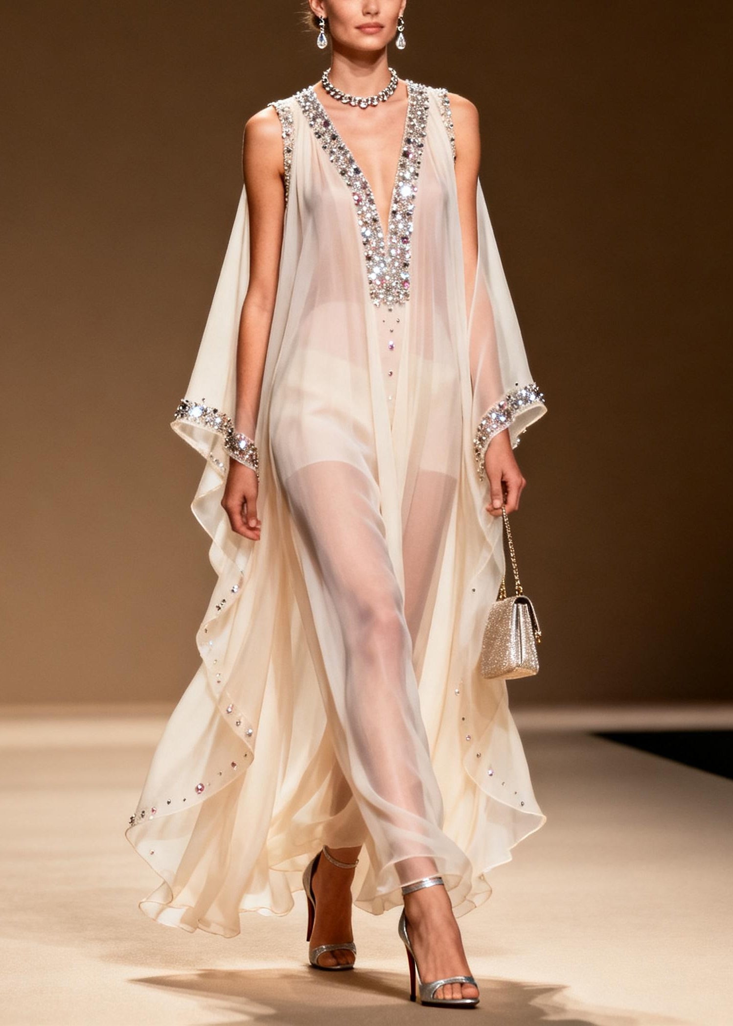 Women White Rhinestone Draping Chiffon Sheer Dress Sleeveless