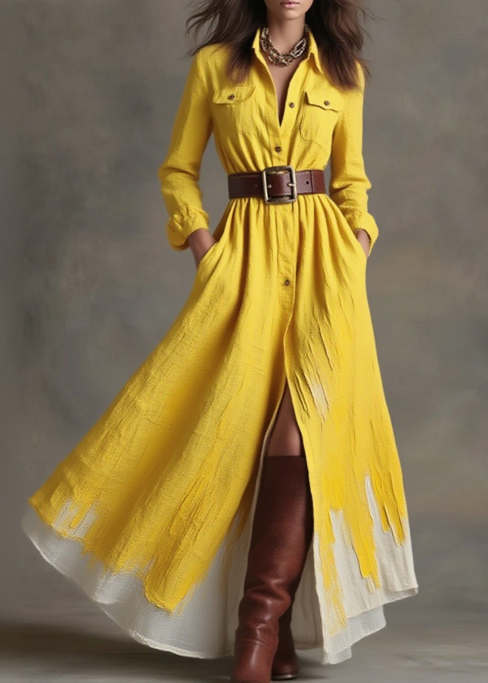 Women Yellow Peter Pan Collar Pockets Button Cotton Dress Spring