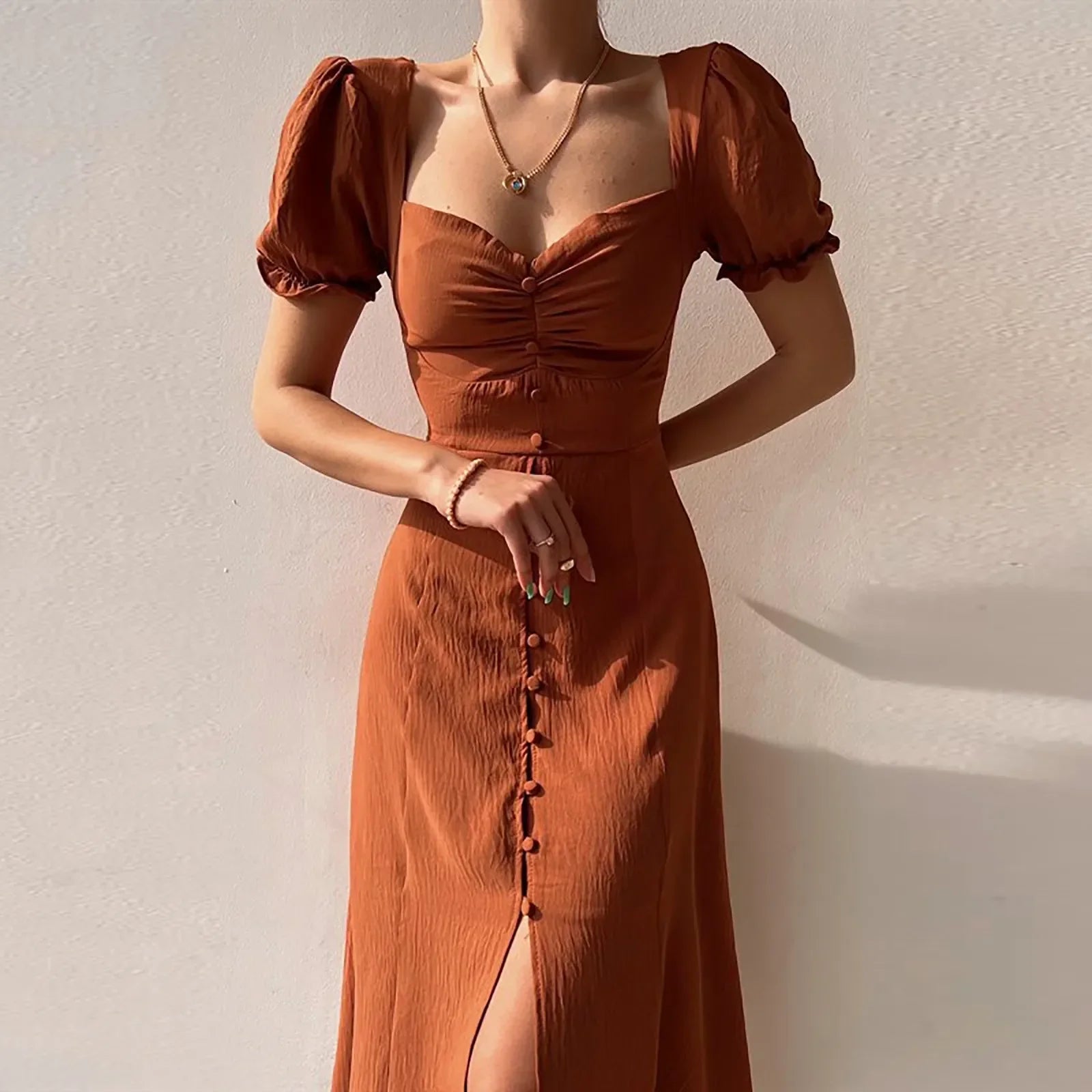 Casual Solid Square Neck Aline Pleated Midi Dress