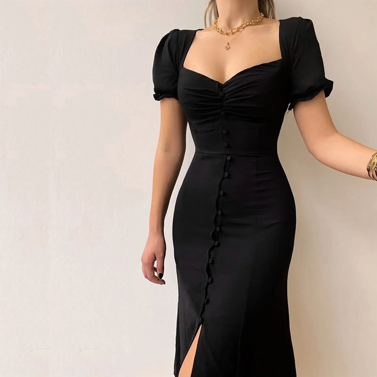 Casual Solid Square Neck Aline Pleated Midi Dress
