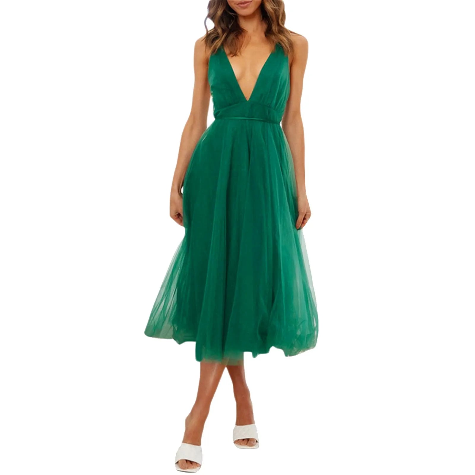 LaceUp Empire Waist Deep VNeck Backless Tulle Bridesmaid Midi Dress