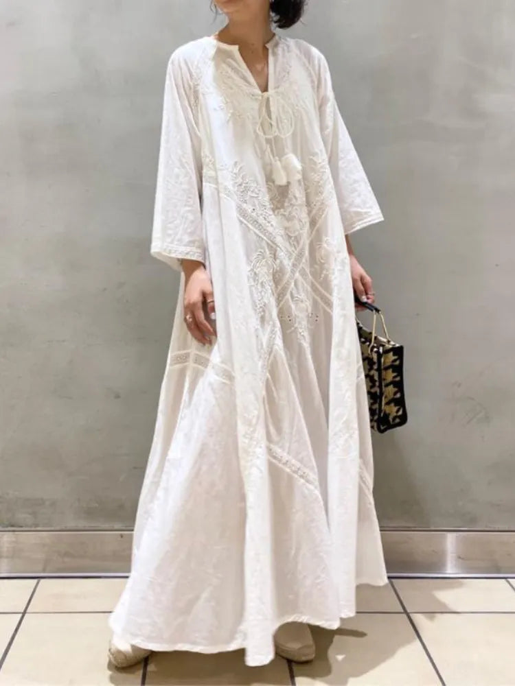 Elegant Embroidered White Lace VNeck Boho Dress