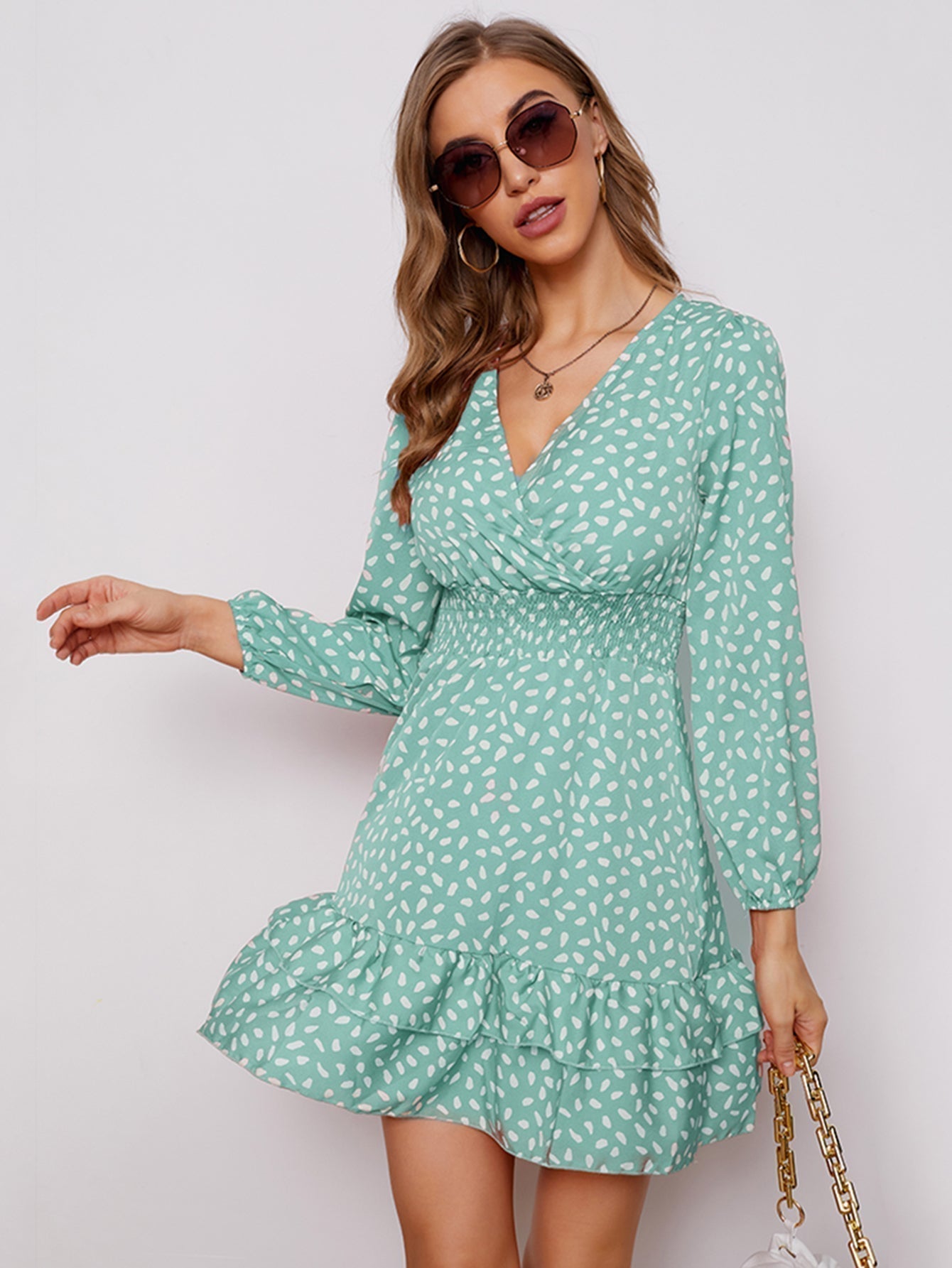 Women's sexy v neck bubble long sleeve small floral dress