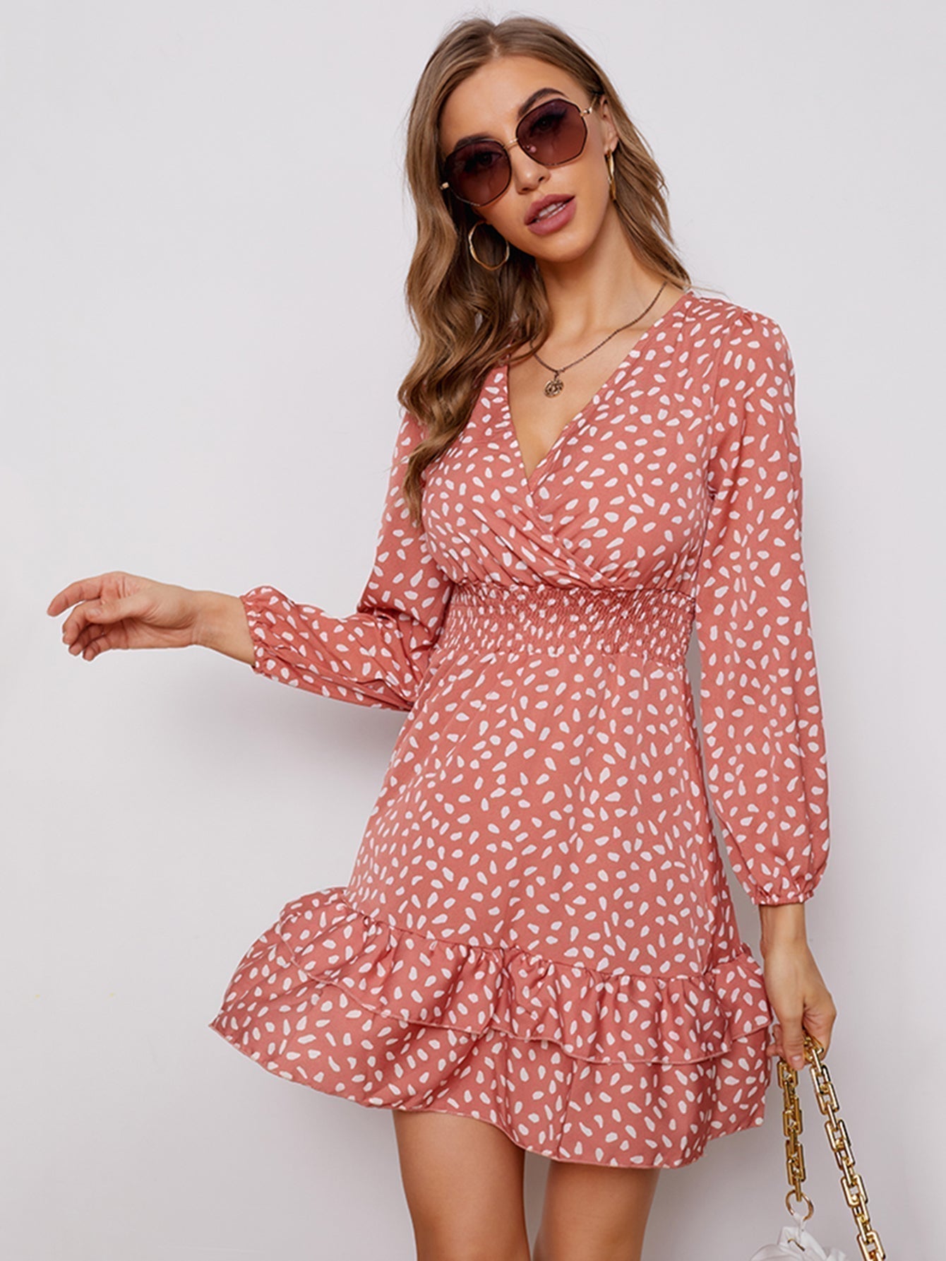Women's sexy v neck bubble long sleeve small floral dress