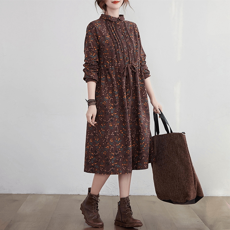 Women Cotton Linen Long Dress New 2021 Autumn Vintage Style Print Turn-down Collar Loose Ladies A-line Casual Dresses