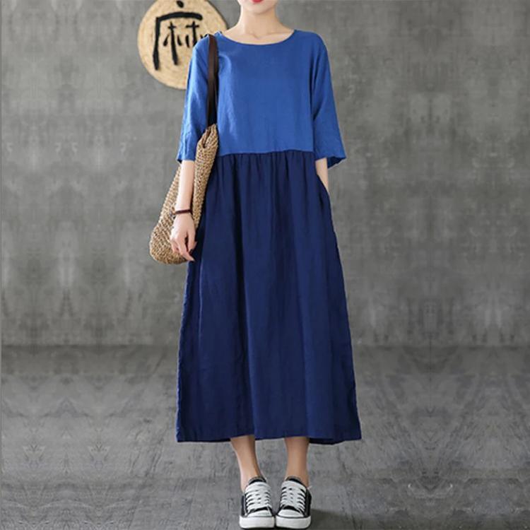 Women Patchwork Half Sleeve Linen Dresses Fashion Ideas Blue Dress Summer