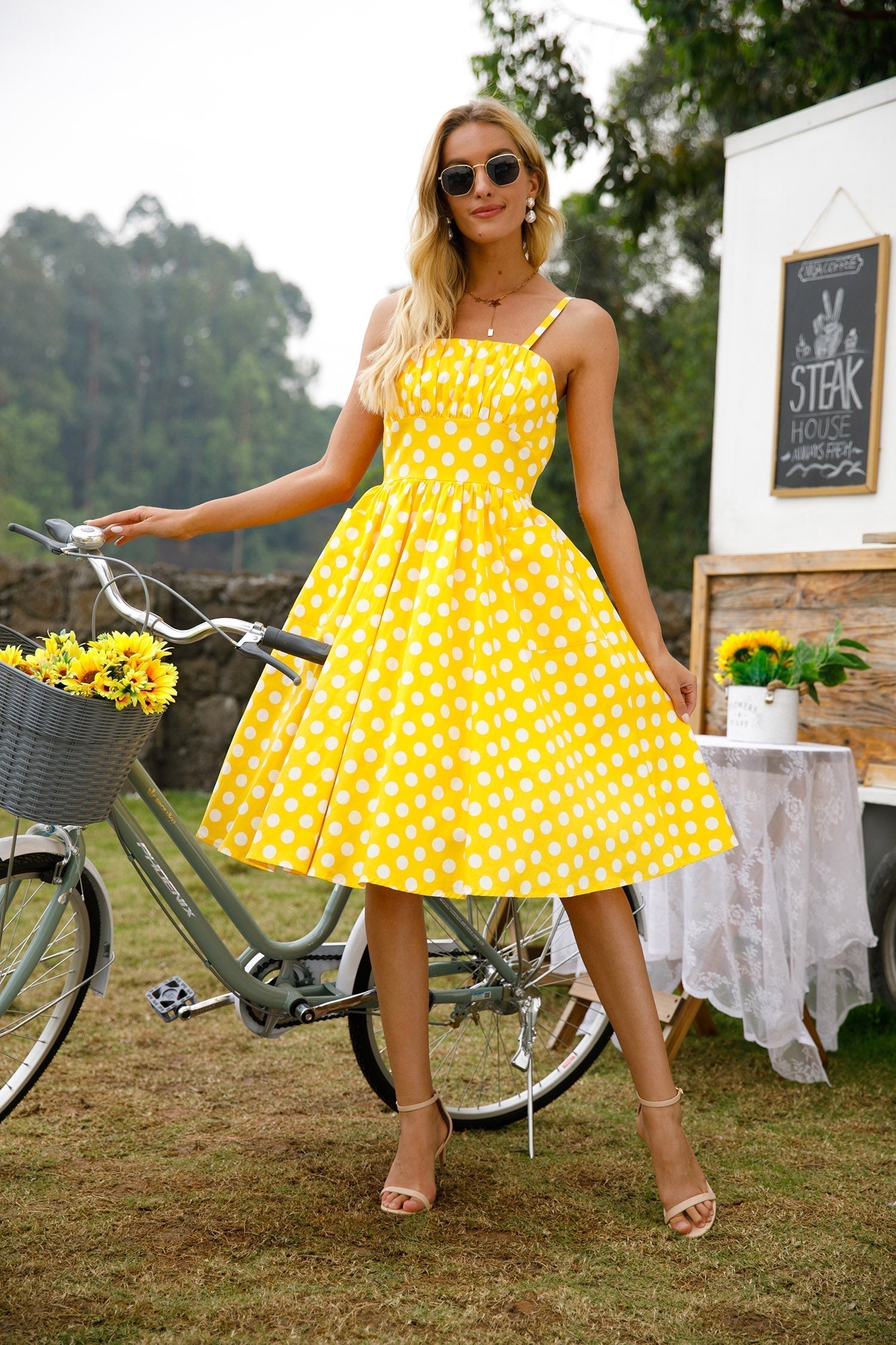 Womens 1950s Retro Rockabilly Princess Cosplay Dress with pockets polka dot apron 50's 60's Party Costume Gown(S 2XL)