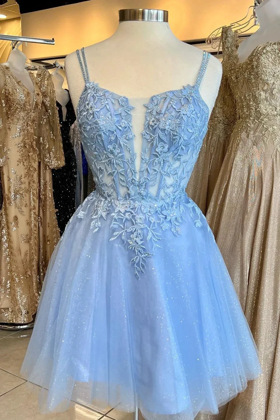 Straps Blue Appliques A-line Short Homecoming Dress Y2765 by simplepromdress