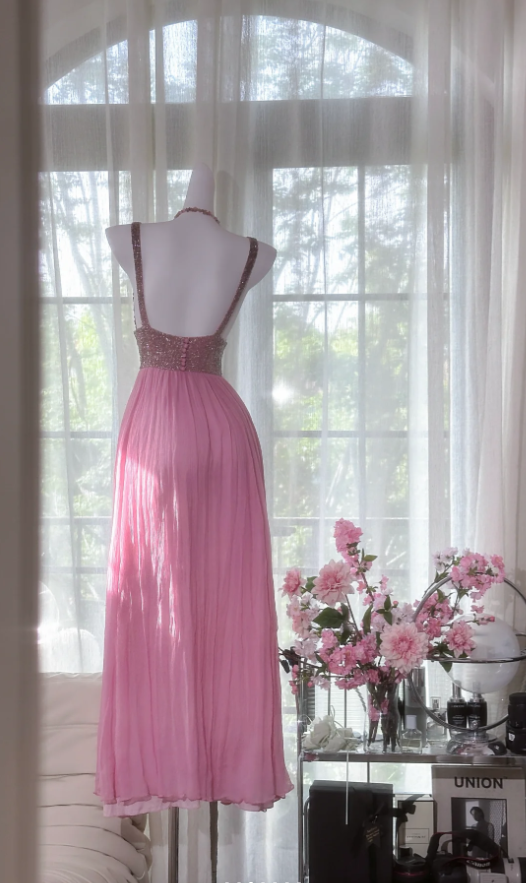 Pretty Pink V Neck Sequin Chiffon A Line Long Wedding Guest Dress Formal Party Dress Prom Dresses - View 7 | VelvetHem