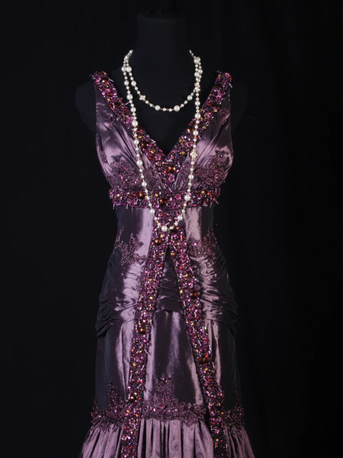 Vintage Purple V Neck Satin Beaded Mermaid Evening Dress Long Birthday Party Gown - View 2 | VelvetHem