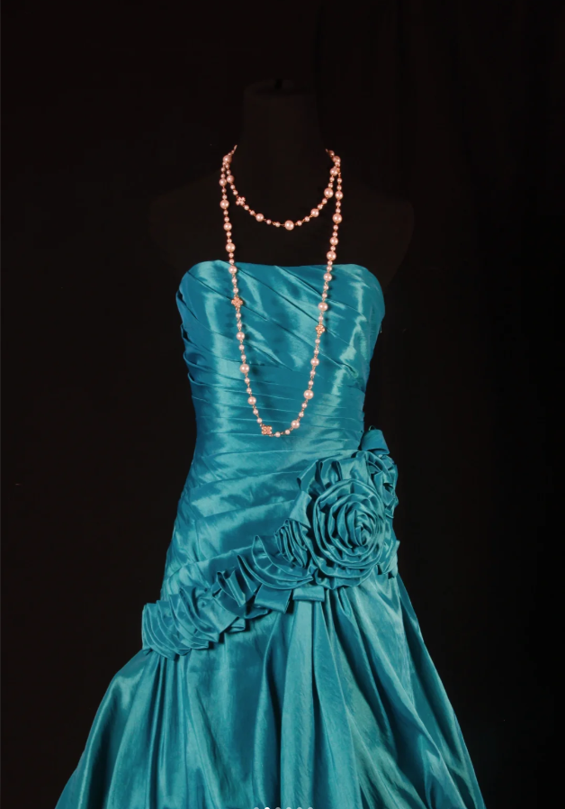 Vintage Strapless Blue Green Satin Pleated Floral Mermaid Long Party Dress Evening Gown - View 2 | VelvetHem