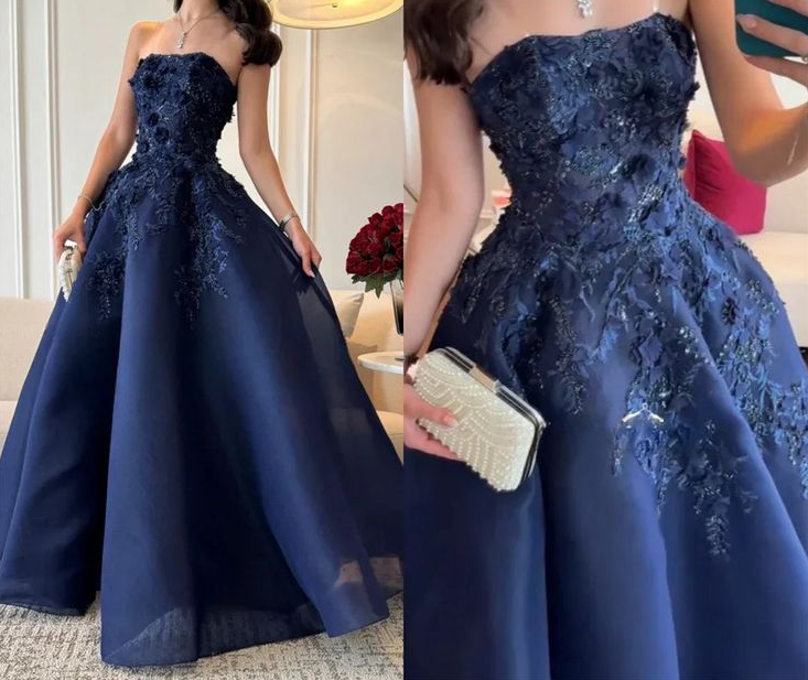 Gorgeous Navy Blue Strapless Appliques Evening Dress Birthday Ball Gown - View 4 | VelvetHem