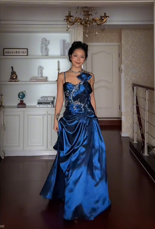 Elegant Spaghetti Straps Navy Blue Satin Pleated Beaded Long Party Dress Prom Gown - View 4 | VelvetHem