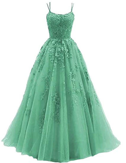 Silver spaghetti strap prom dress, long tulle lace appliqu�d women's party dress - View 3 | VelvetHem
