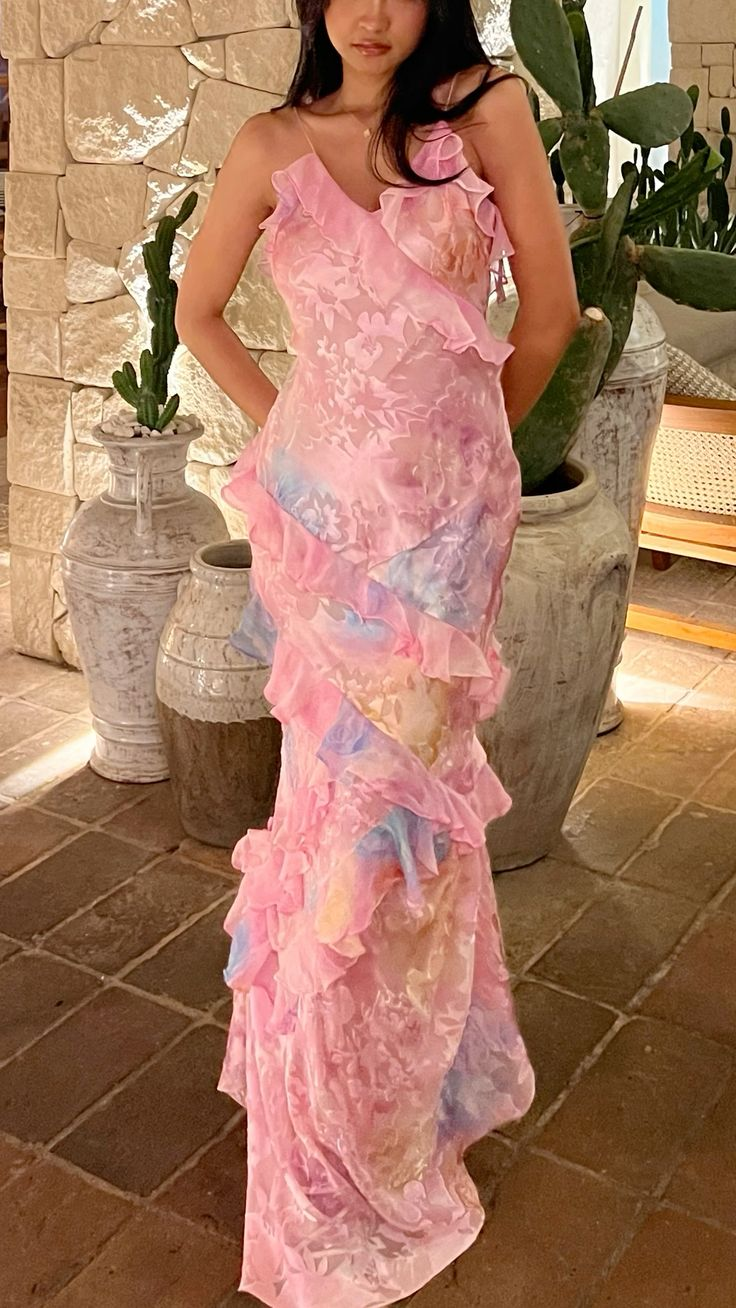 Charming Pink Print Chiffon Ruffles Party Evening Dress Long Prom Dress - VelvetHem