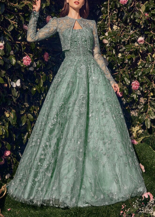 Vintage Green Tulle Sequins Beaded A Line Prom Dress,Formal Ball Gown Evening Dress - VelvetHem