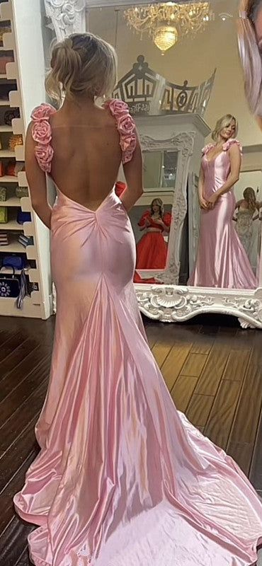 Charming Pink Rose Straps Evening Dress Mermaid Formal Prom Party Gown - VelvetHem