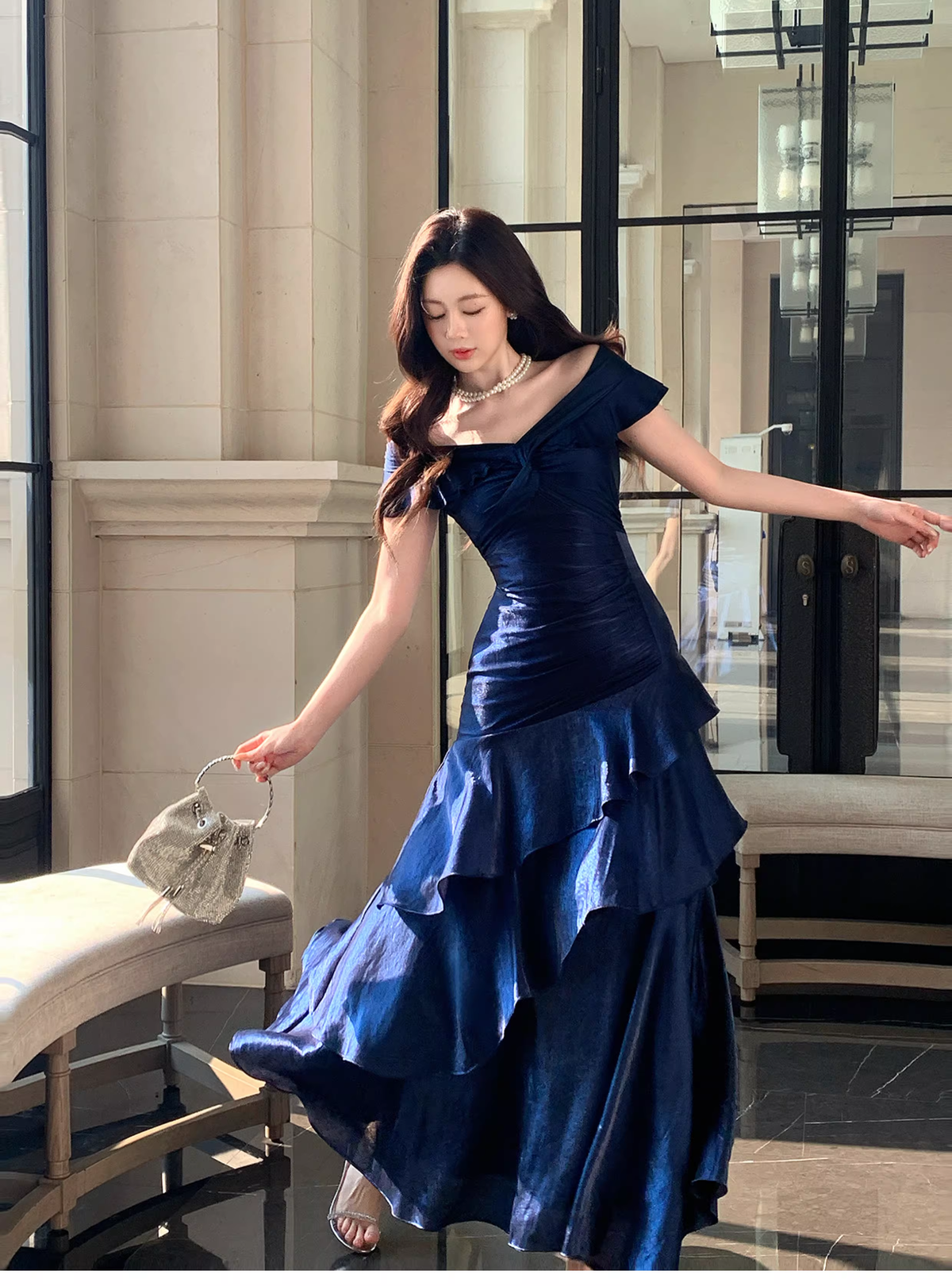 Stylish Navy Blue Off The Shoulder Satin Layered Ruffles Mermaid Long Evening Dress Prom Gown - View 3 | VelvetHem
