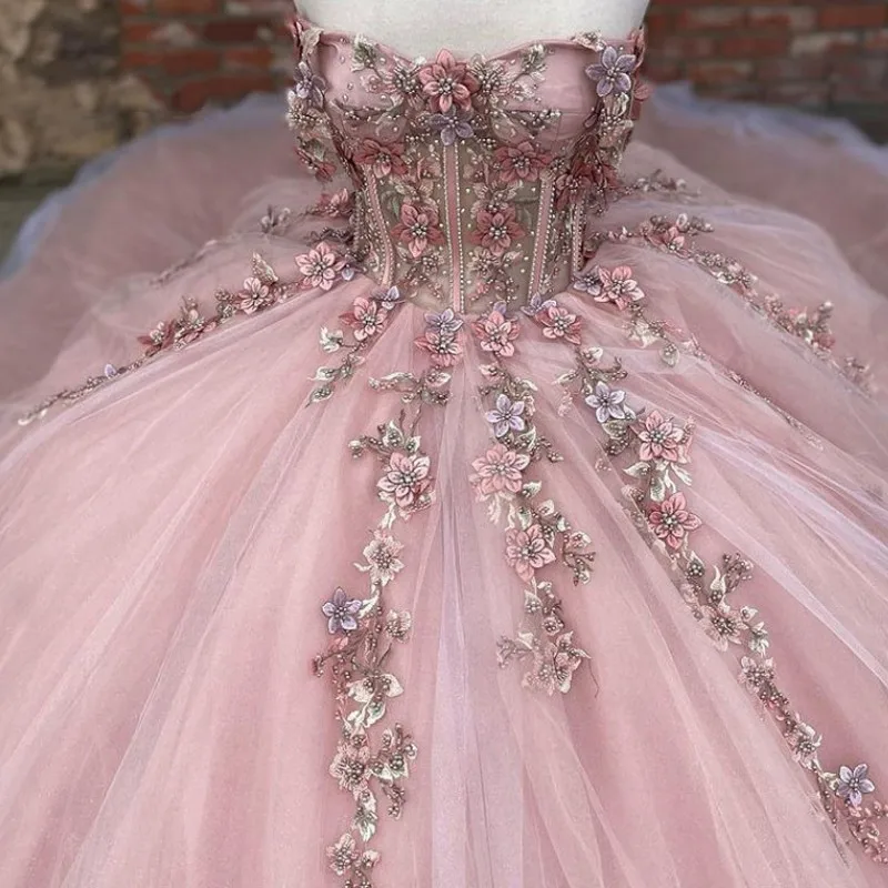 Pink Tulle Floral Appliques Ball Gown Sweet 16 Dress Y527 - VelvetHem
