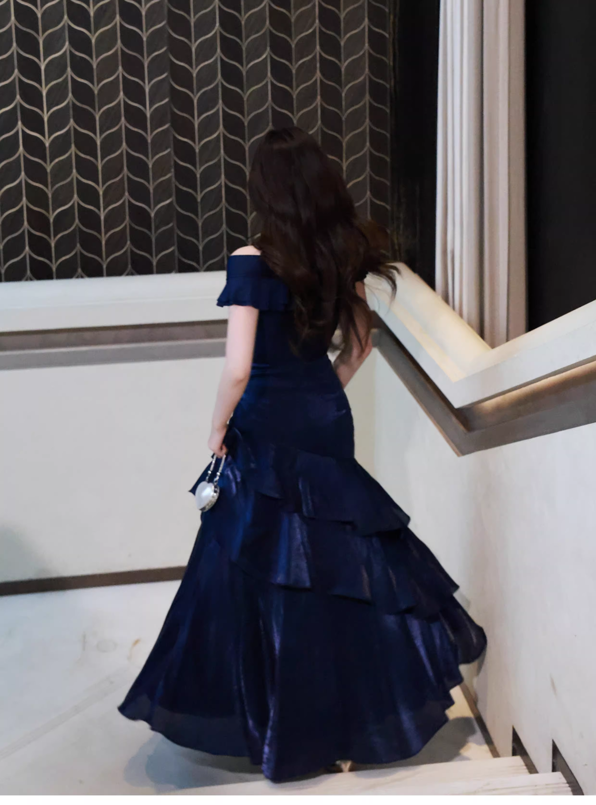 Stylish Navy Blue Off The Shoulder Satin Layered Ruffles Mermaid Long Evening Dress Prom Gown - View 7 | VelvetHem