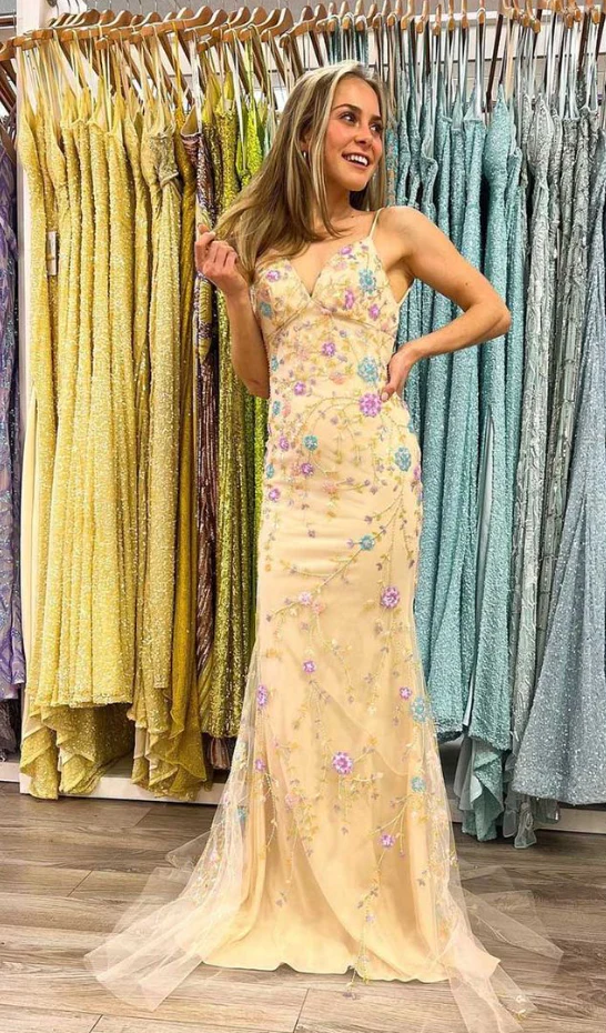 Beautiful Yellow Straps Mermaid Backless Evening Dress Long Prom Dress