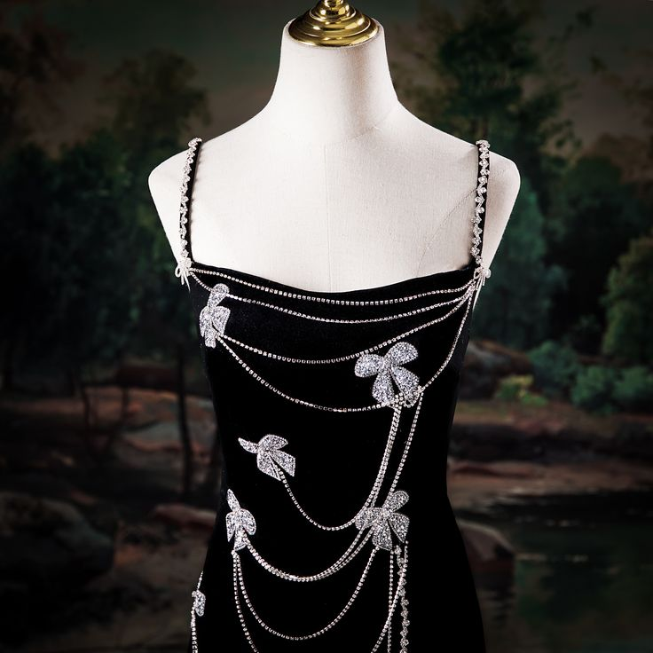 Elegant Black Velvet Spaghetti Straps Slit Beaded Mermaid Evening Dress Long Birthday Party Gown - View 3 | VelvetHem
