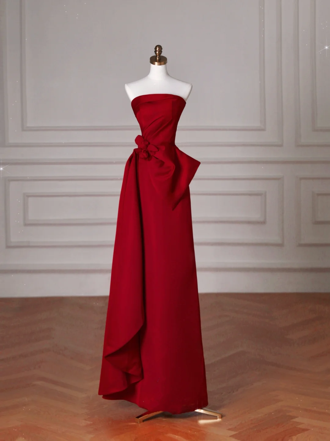 Elegant Red Satin Strapless Prom Dress A Line Formal Evening Dress Y8624