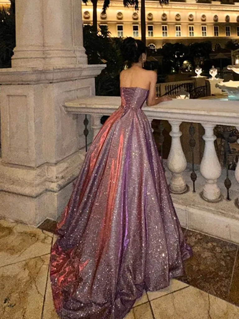 Glitter Strapless A Line Satin Sequins Long Prom Dress Formal Evening Gown - View 2 | VelvetHem