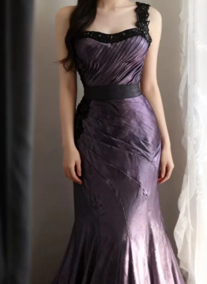 Unique One Shoulder Purple Satin Pleated Tulle Appliques Long Party Dress Birthday Prom Dress - View 3 | VelvetHem