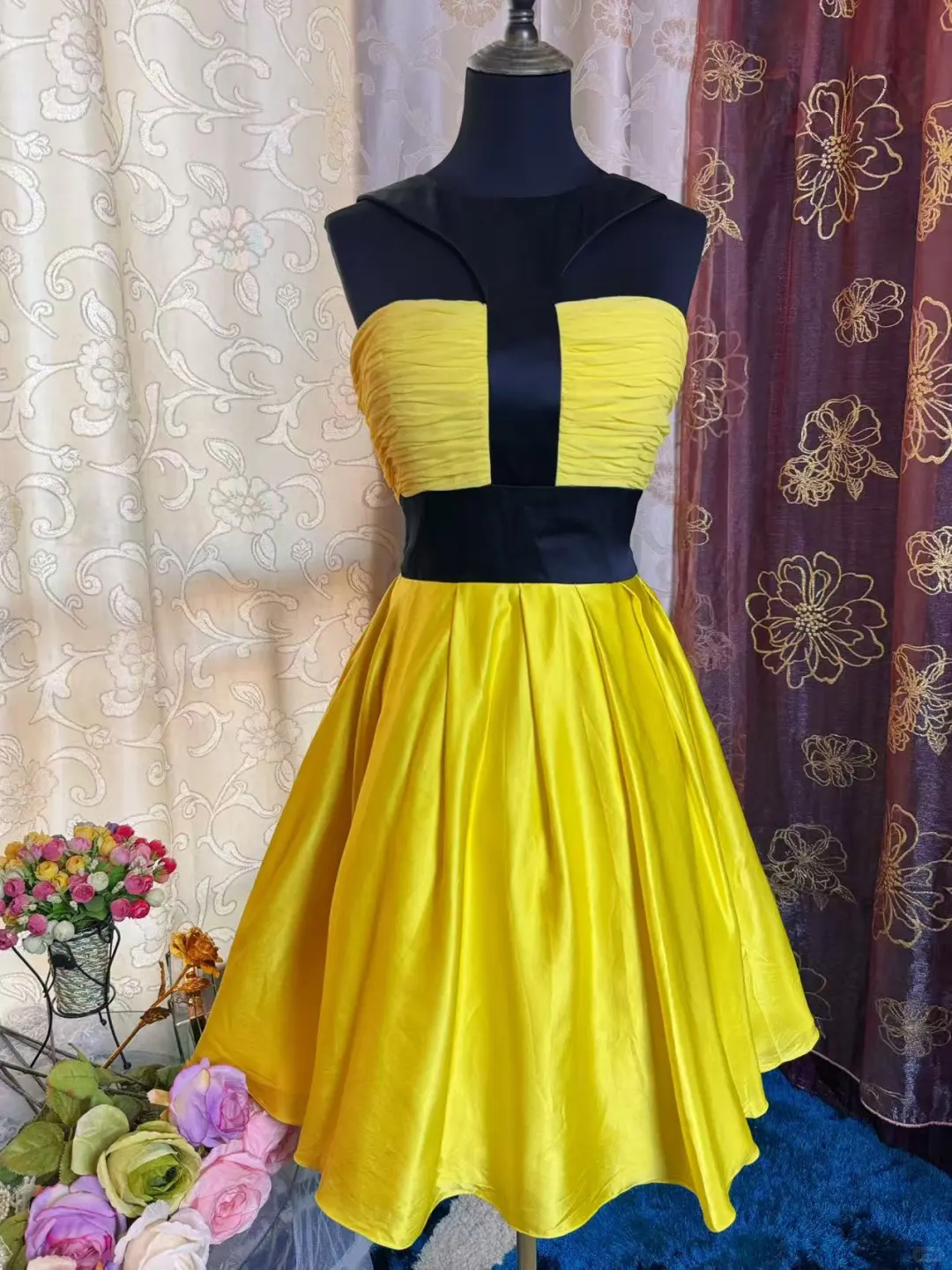 Fashion Yellow Black Splicing A Line Short Party Dress Formal Graduation Homecoming Dress - View 5 | VelvetHem