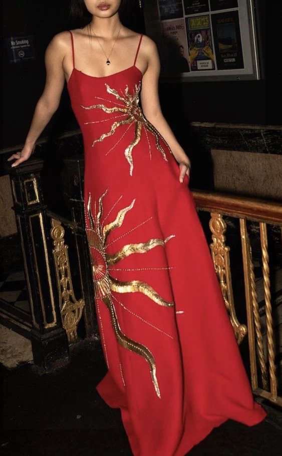 Gorgeous Red Satin Gold Sequins Prom EVening Dress,Formal Party Gown - View 2 | VelvetHem