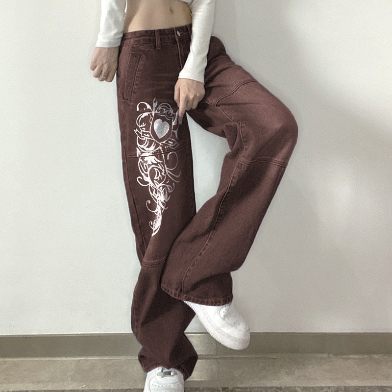 Y2K Jeans Low Rise Trousers Blue Vintage Gothic Print Baggy Casual Wide Leg Denim Aesthetic