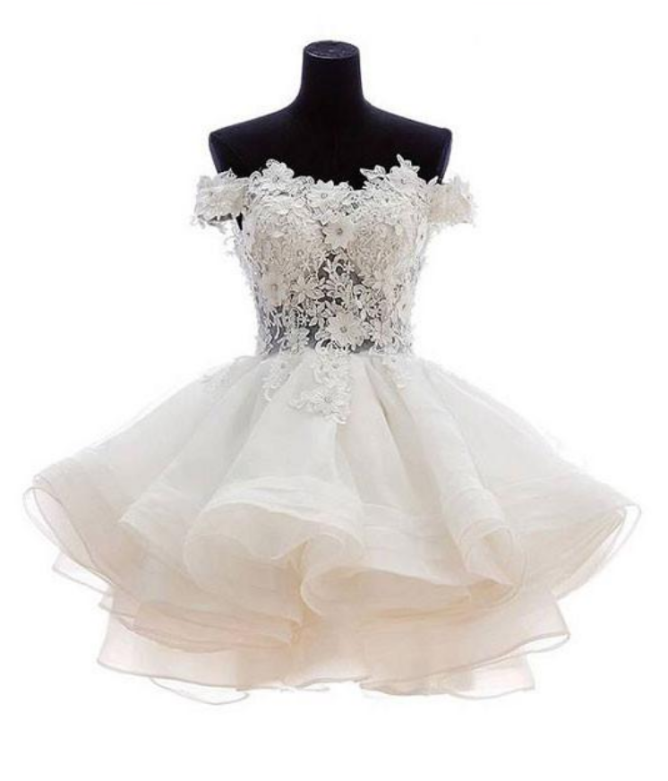 White sweetheart lace applique short cute white homecoming dress Off Shoulder Organza Short Lace Applique Teen Formal Dress - VelvetHem